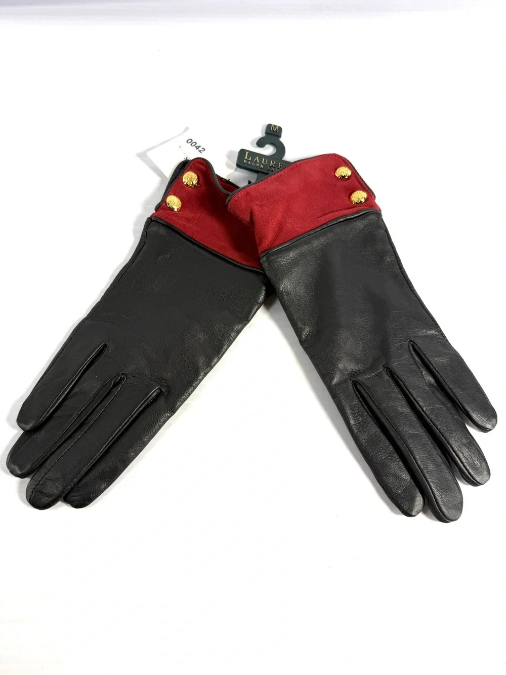 Lauren Ralph Lauren Black Leather Gloves with Red Cuff and Gold Buttons